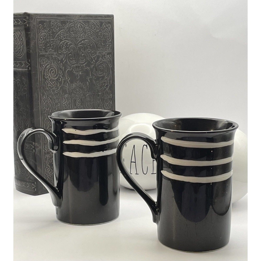 2 Ceramic Coffee or Tea Mugs in Black with Hand Painted White Stripes
